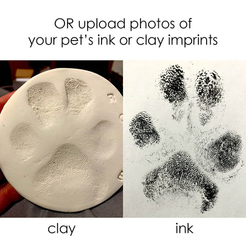 clay dog paw imprint and black ink paw print