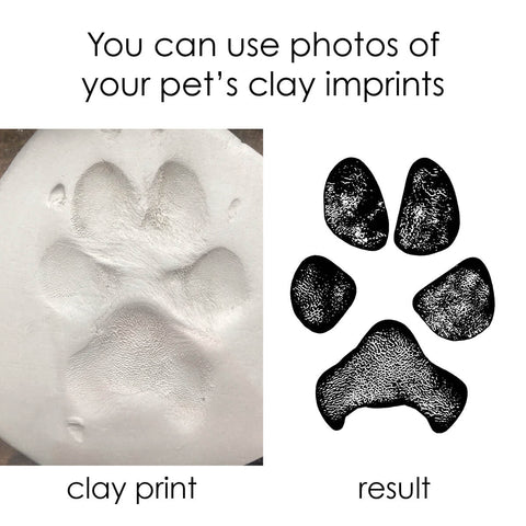 Side-by-side: Photo of clay paw print, then transformed paw print