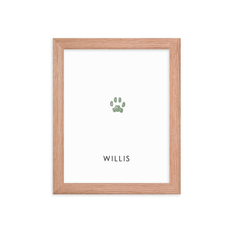 Green colored cat paw print impression artwork with red heart in center displayed in black frame