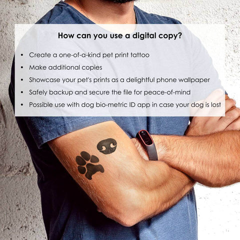 man's arm with example of dog paw and nose print tattoo that you can make with a digital file