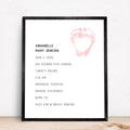 personalized modern baby footprint keepsake with baby birth date stats and feet