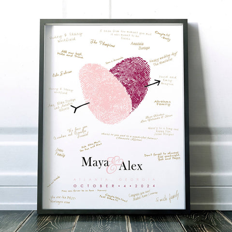 couples fingerprint artwork wedding Guest sign in poster alternative in black frame with gues signatures