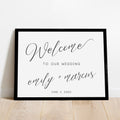 Script black and white wedding welcome sign idea