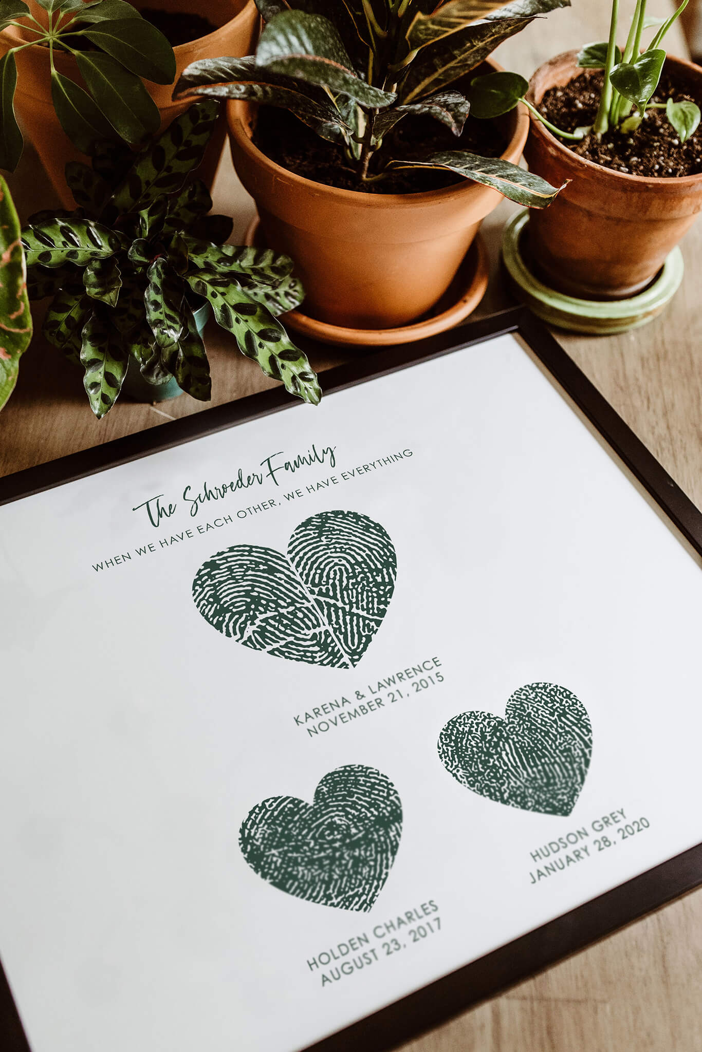 Family fingerprint keepsake with family member fingerprints in frame clicking this photo leads to the fingerprint collection