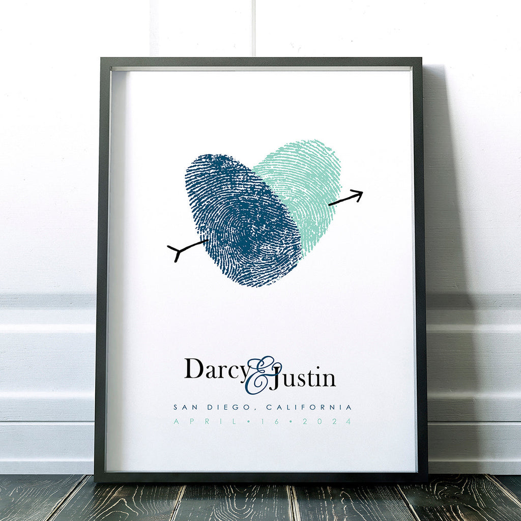 fingerprint wedding sign custom guest book alternative with actual fingerprints in frame with blue thumbprints
