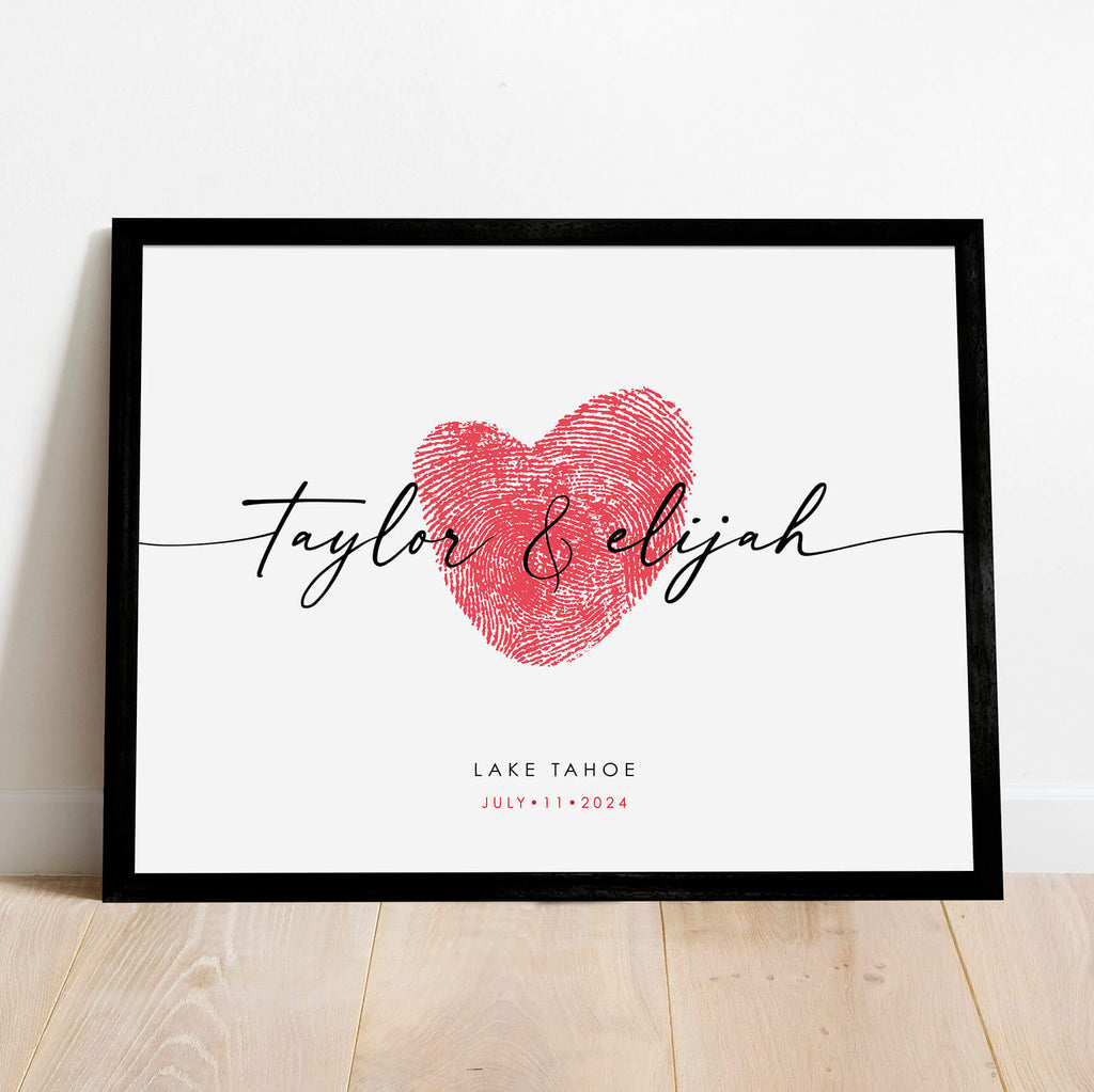 red fingerprint heart with couples names in handwritten script font