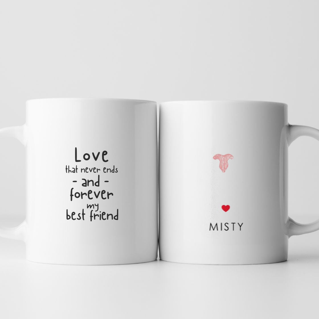 White mug with a pink dog nose illustration above a small red heart and the pet name 
