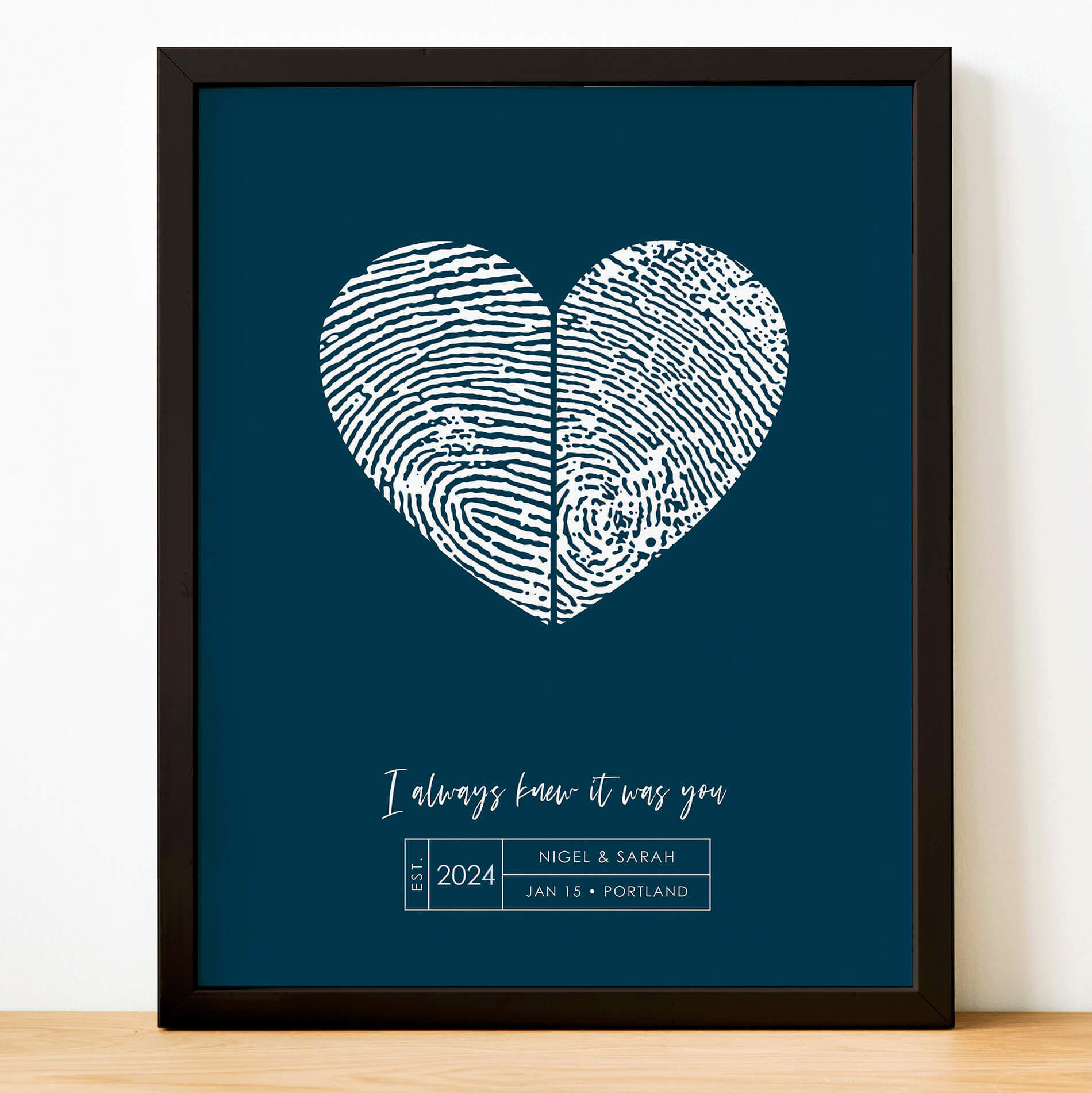 custom couples illustration fingerprint artwork modern color block in midnight blue