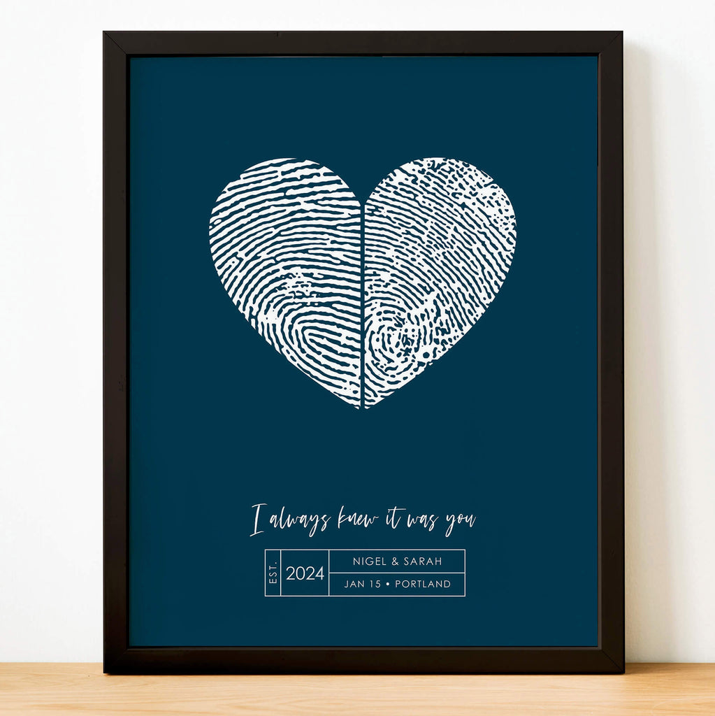 custom couples illustration fingerprint artwork modern color block in midnight blue