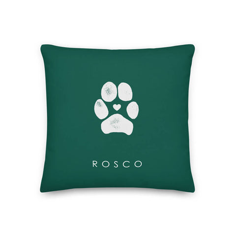 dog paw print with heart on forest green throw pillow