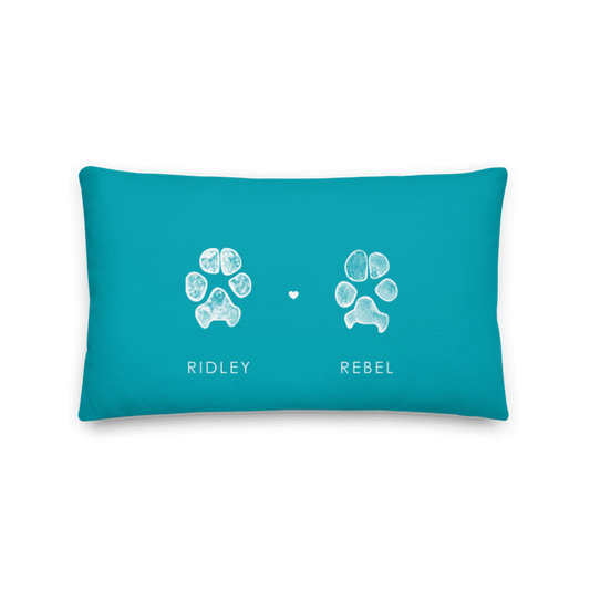 Customized pet paw print pillow measuring 20 by 12 inches for people with multiple pets.