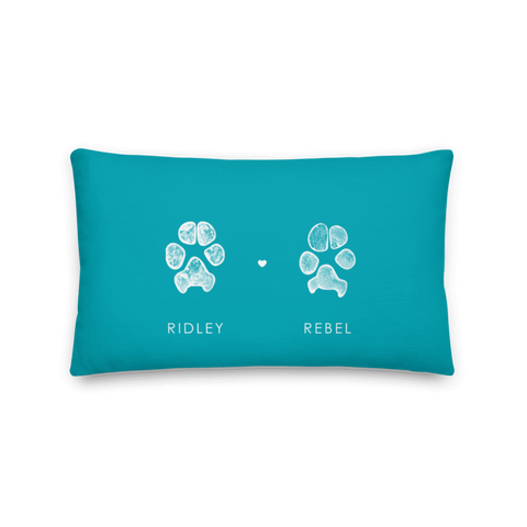 Customized pet paw print pillow measuring 20 by 12 inches for people with multiple pets.