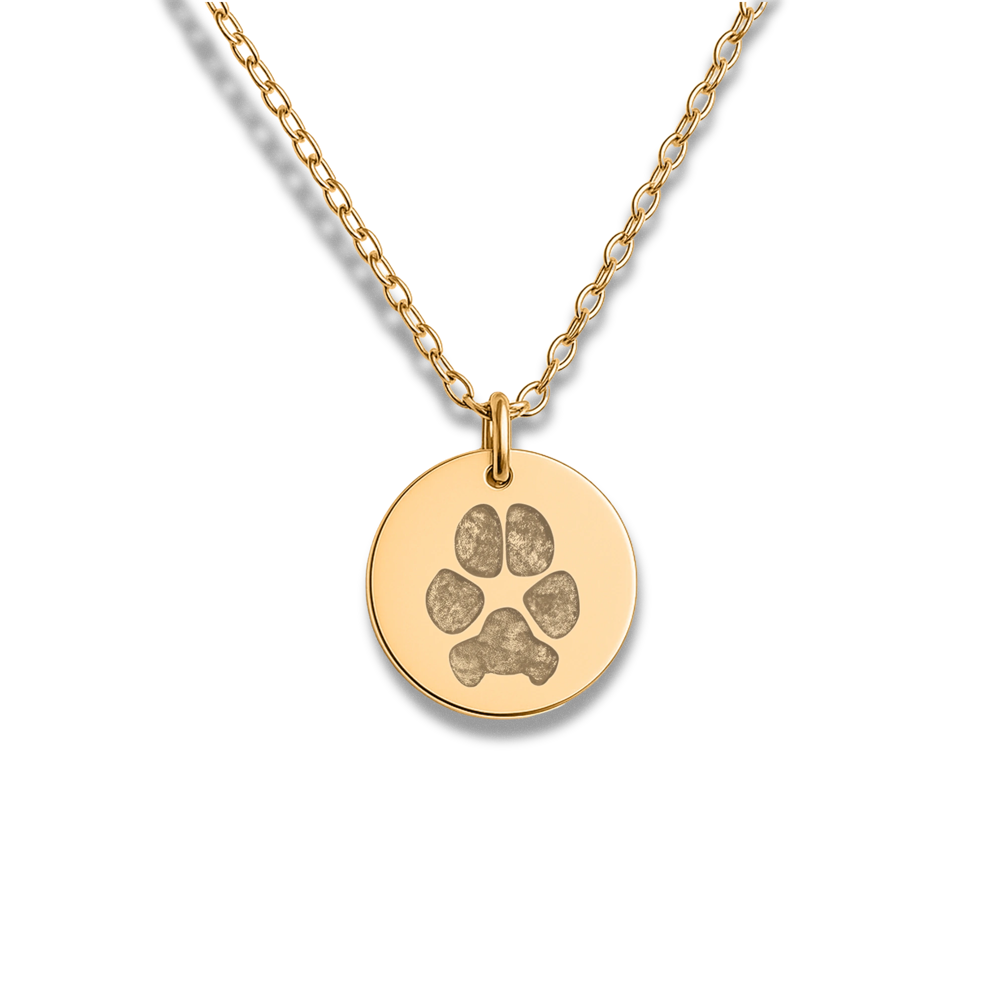 Gold necklace with a round pendant featuring an engraved paws printing. The simple, elegant design conveys warmth and affection, ideal for pet memorial gift.