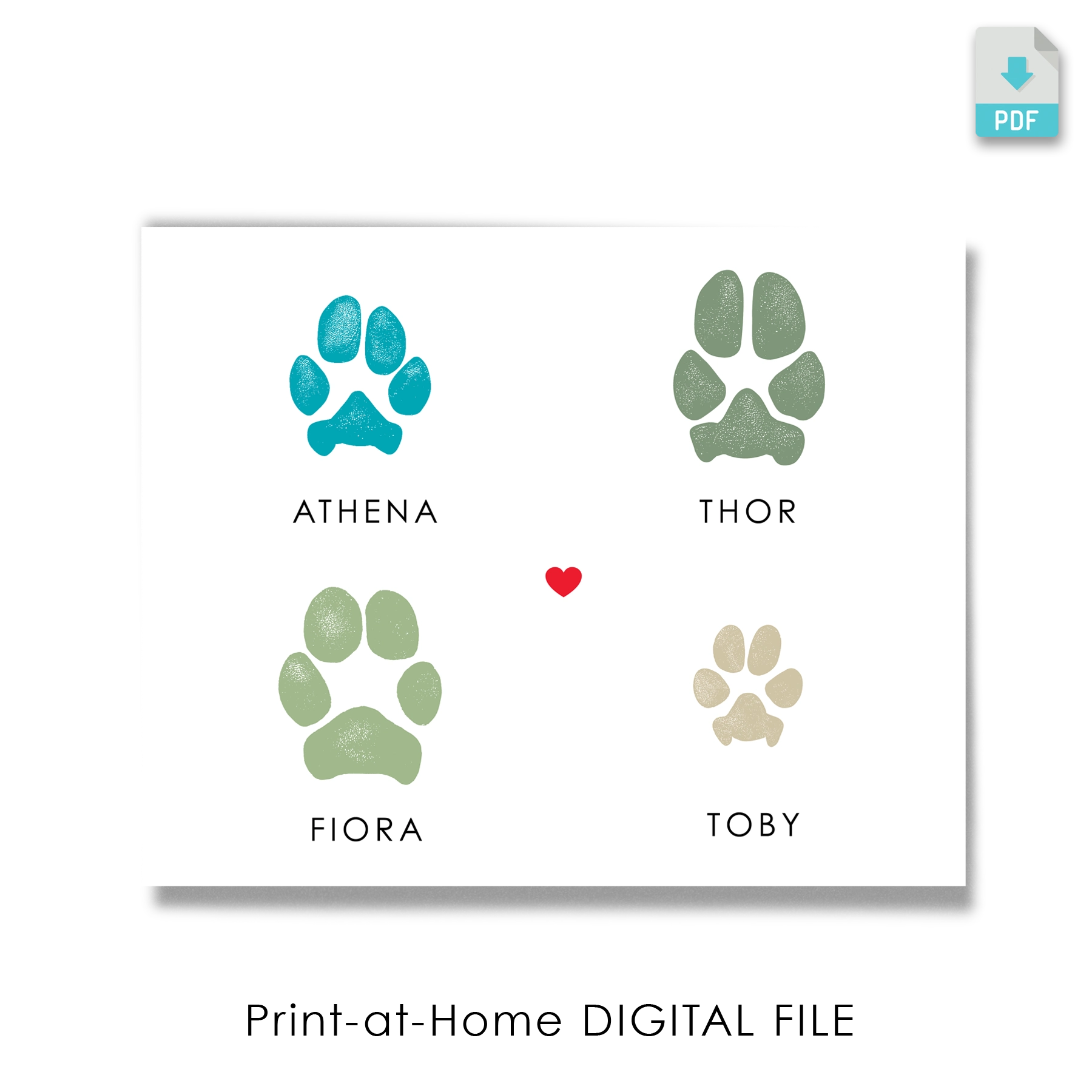 Four colored paw prints labeled: blue for Athena, green for Thor, olive for Fiora, and tan for Toby. A red heart is centered between them for a dog family keepsake.