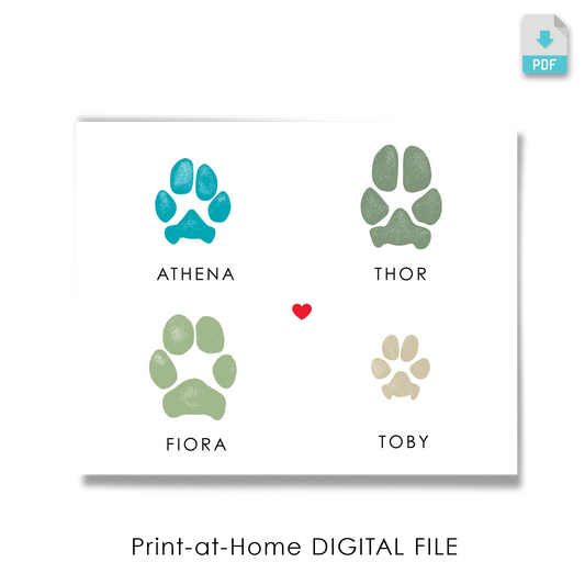 Four colored paw prints labeled: blue for Athena, green for Thor, olive for Fiora, and tan for Toby. A red heart is centered between them for a dog family keepsake.