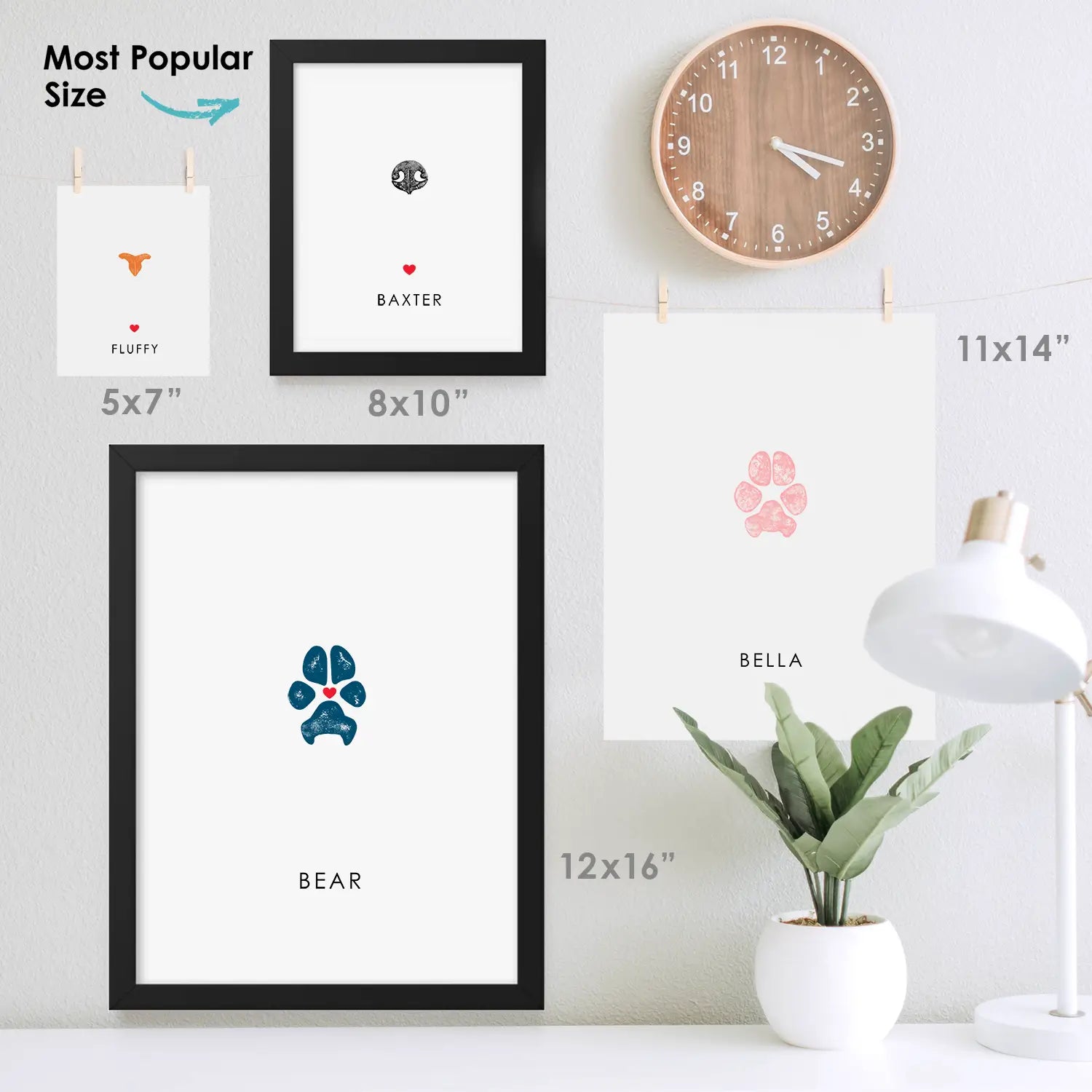 Wall art with various pet prints in frames. Sizes range from 5x7