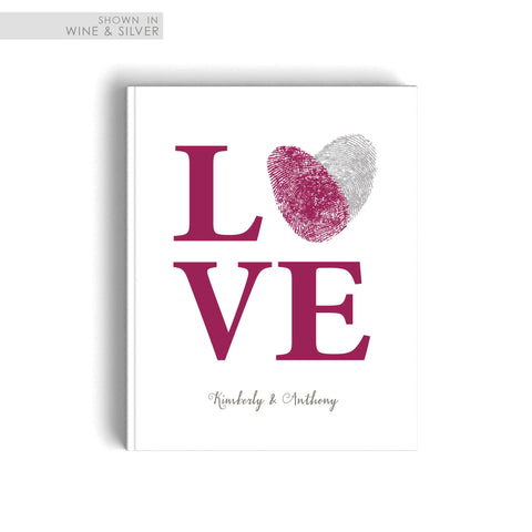 Guest Book Wedding Sign In LOVE with Fingerprint Heart in Maroon and Silver