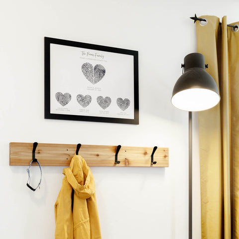 family fingerprint keepsake art on wall with yellow decor