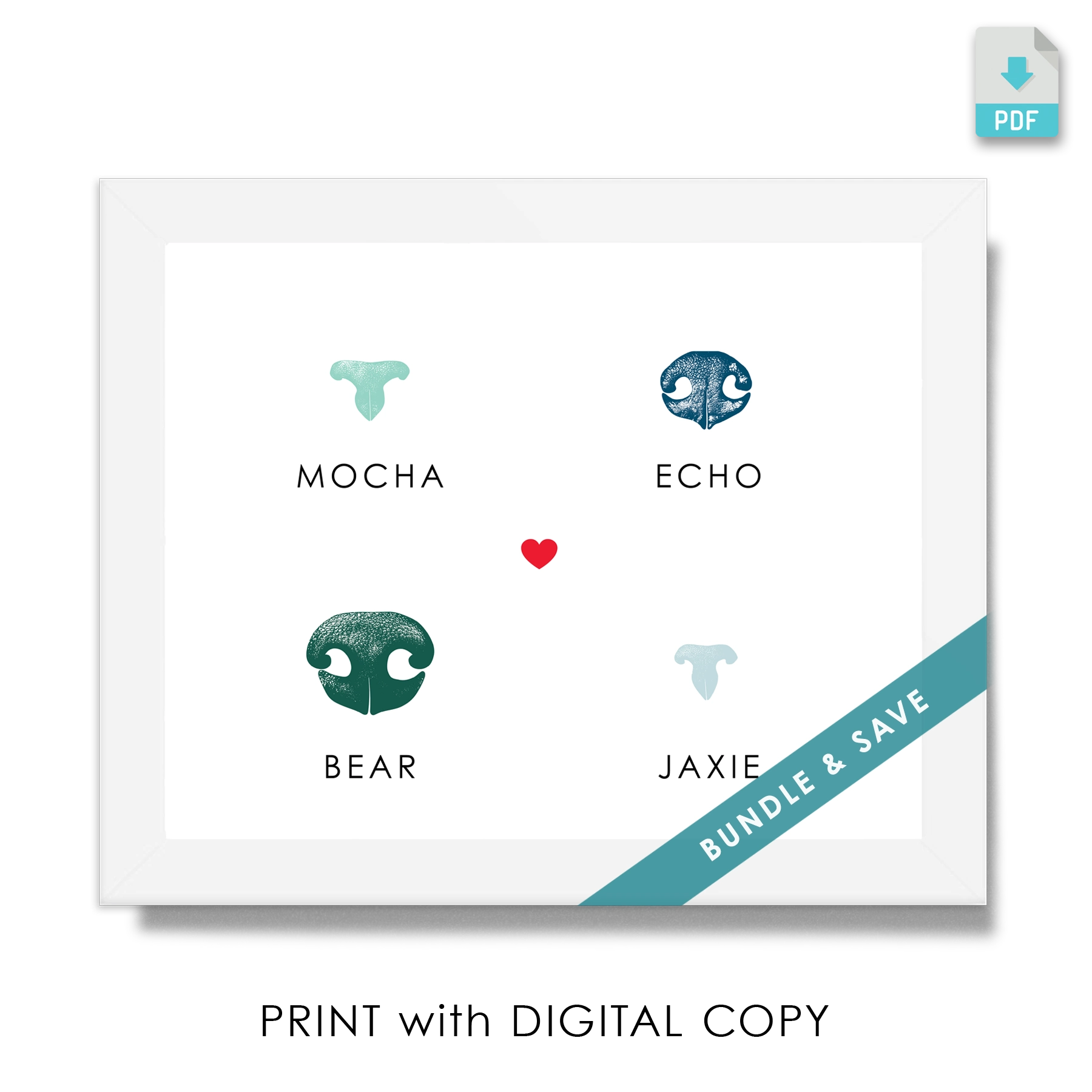Framed art print with four stylized cat and dog pet nose prints labeled Mocha, Echo, Bear, and Jaxie, centered around a small red heart. A 