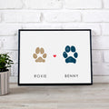 Dog paw print memorial with two dog paw prints in tan and navy blue with heart in center