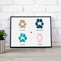 Framed paw print memento art for more than one dog with paw prints in multiple colors