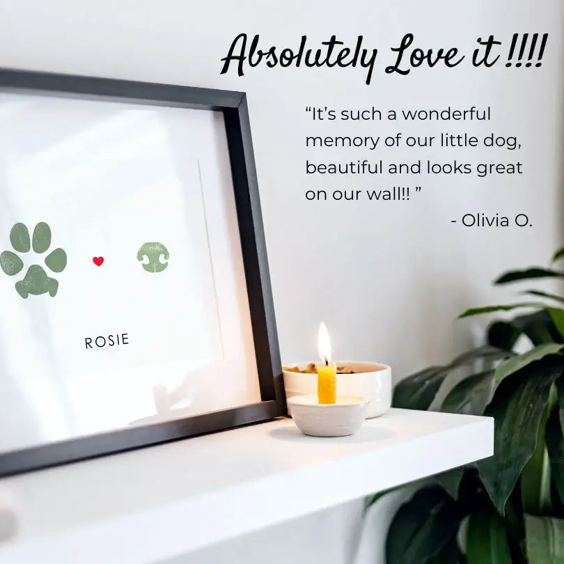 pet dog memorial display with paw and nose print keepsake memento on shelf with burning candle and text overlaid with a customer review