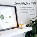 pet dog memorial display with paw and nose print keepsake memento on shelf with burning candle and text overlaid with a customer review