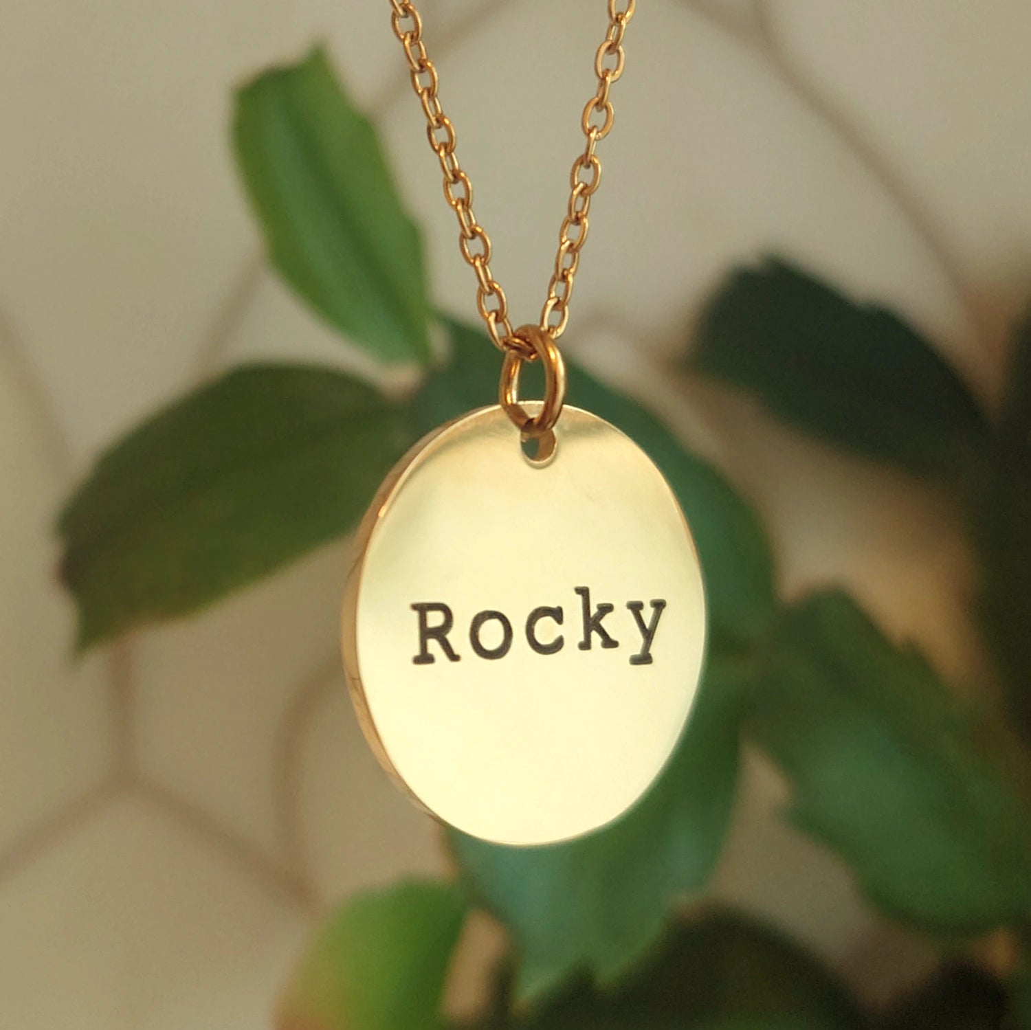 Gold necklace with a pendant engraved with a pet's name, 'Rocky', against a green leafy background