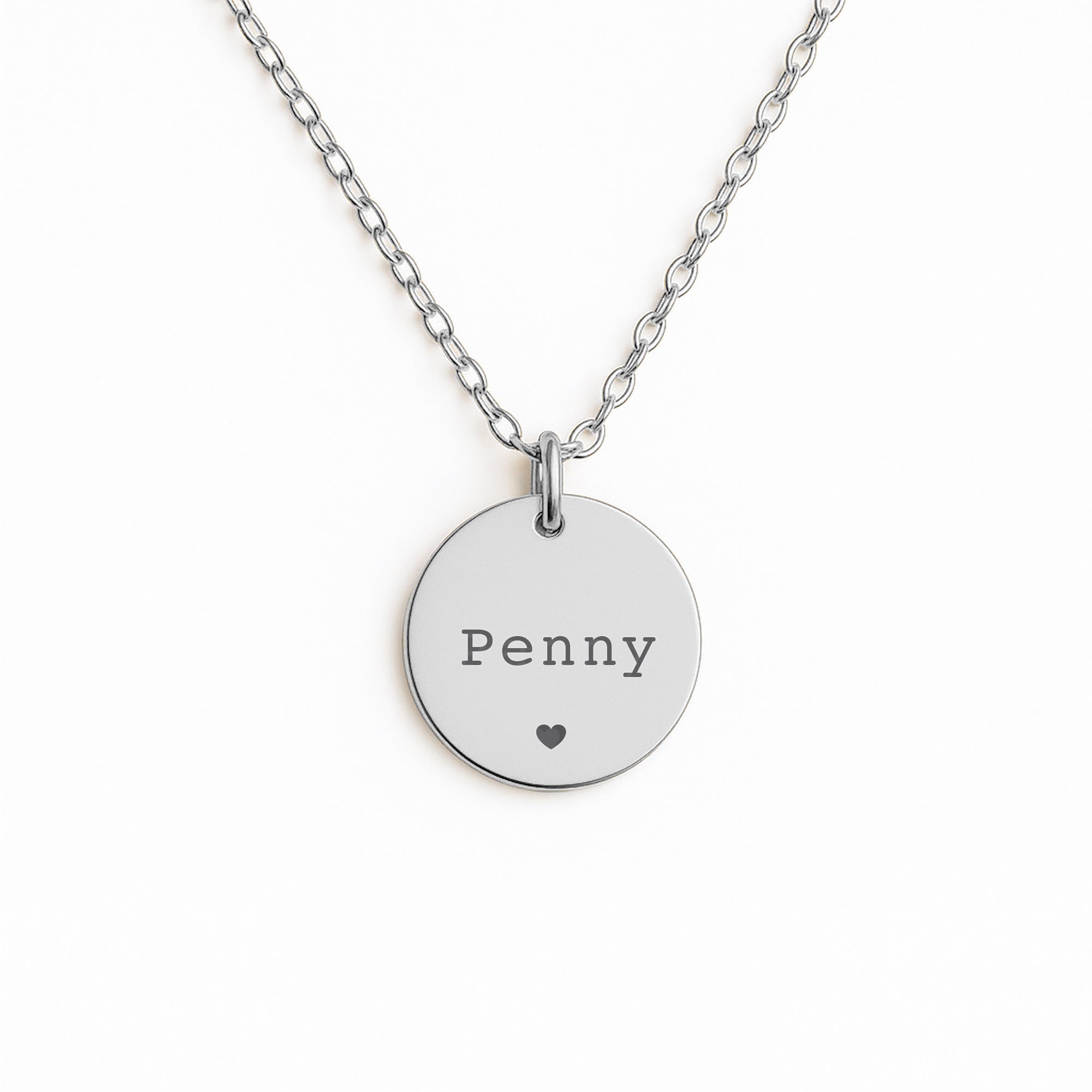 Silver coin pendant necklace with pet name and heart

