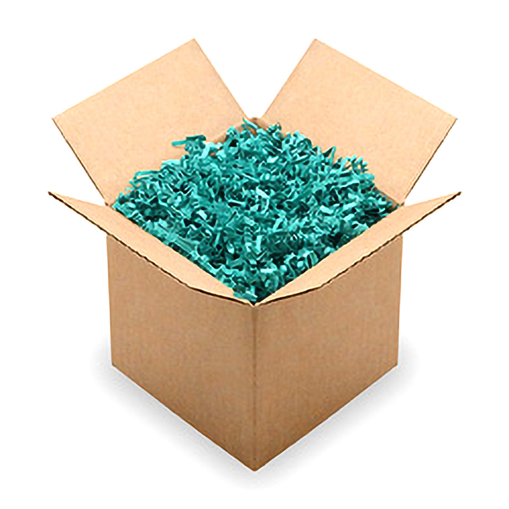 Box with turquoise crinkle paper for extra cushioning and looks like a gift