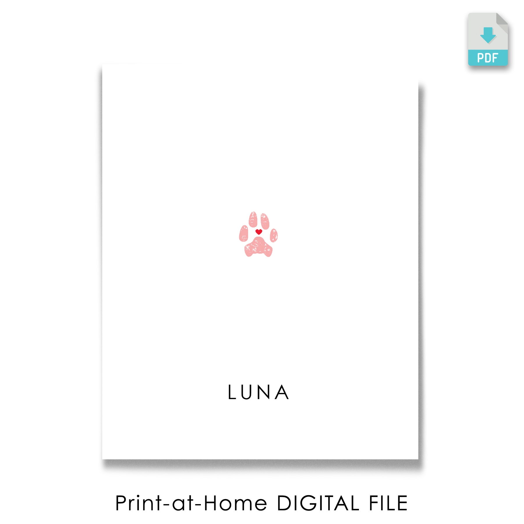Digital File Pet Paw Print. Additional Copy of pink custom cat paw print artwork personalized with the cat name 'Luna'