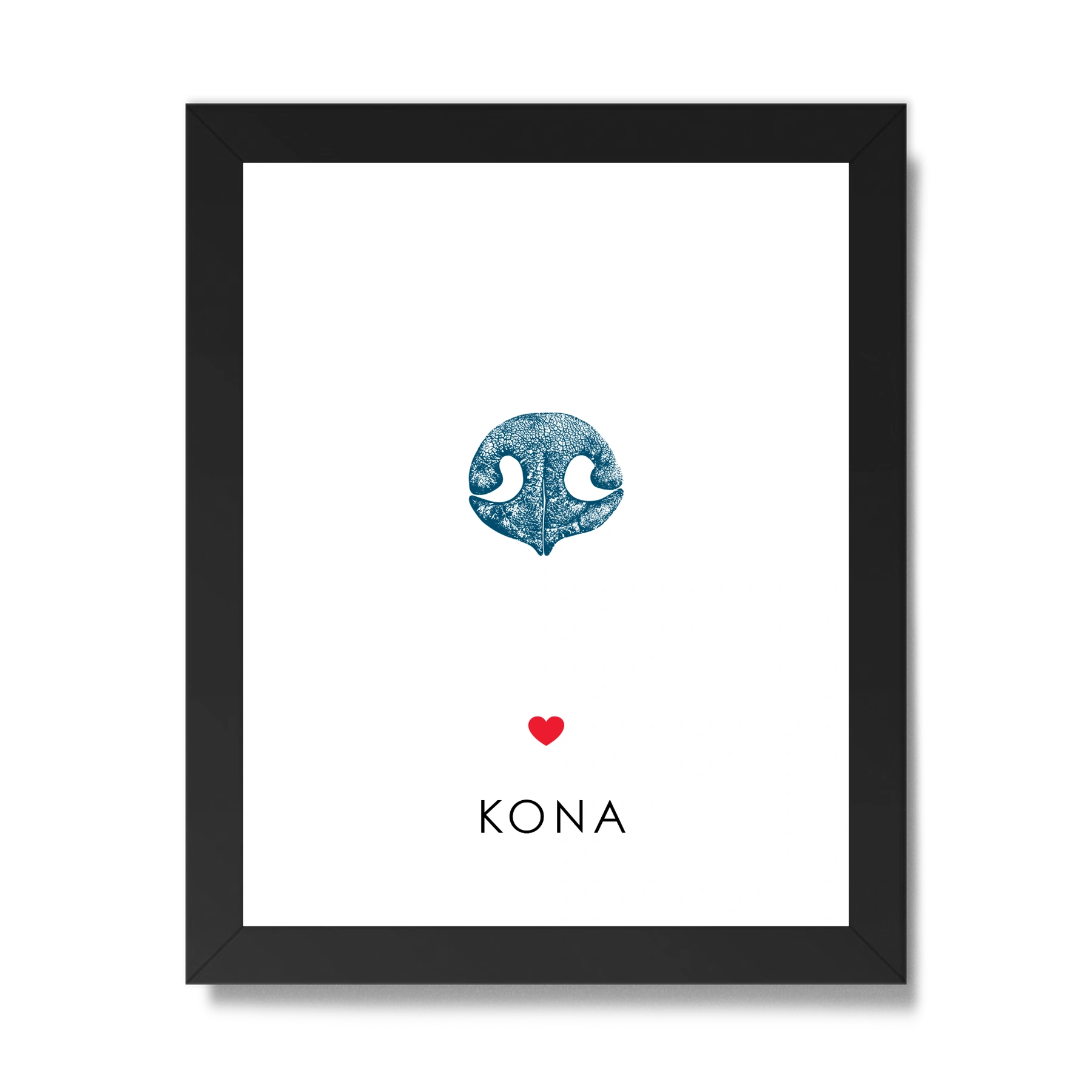 Framed white artwork with a blue dog nose print centered in the middle. Below it is a small red heart and the name 