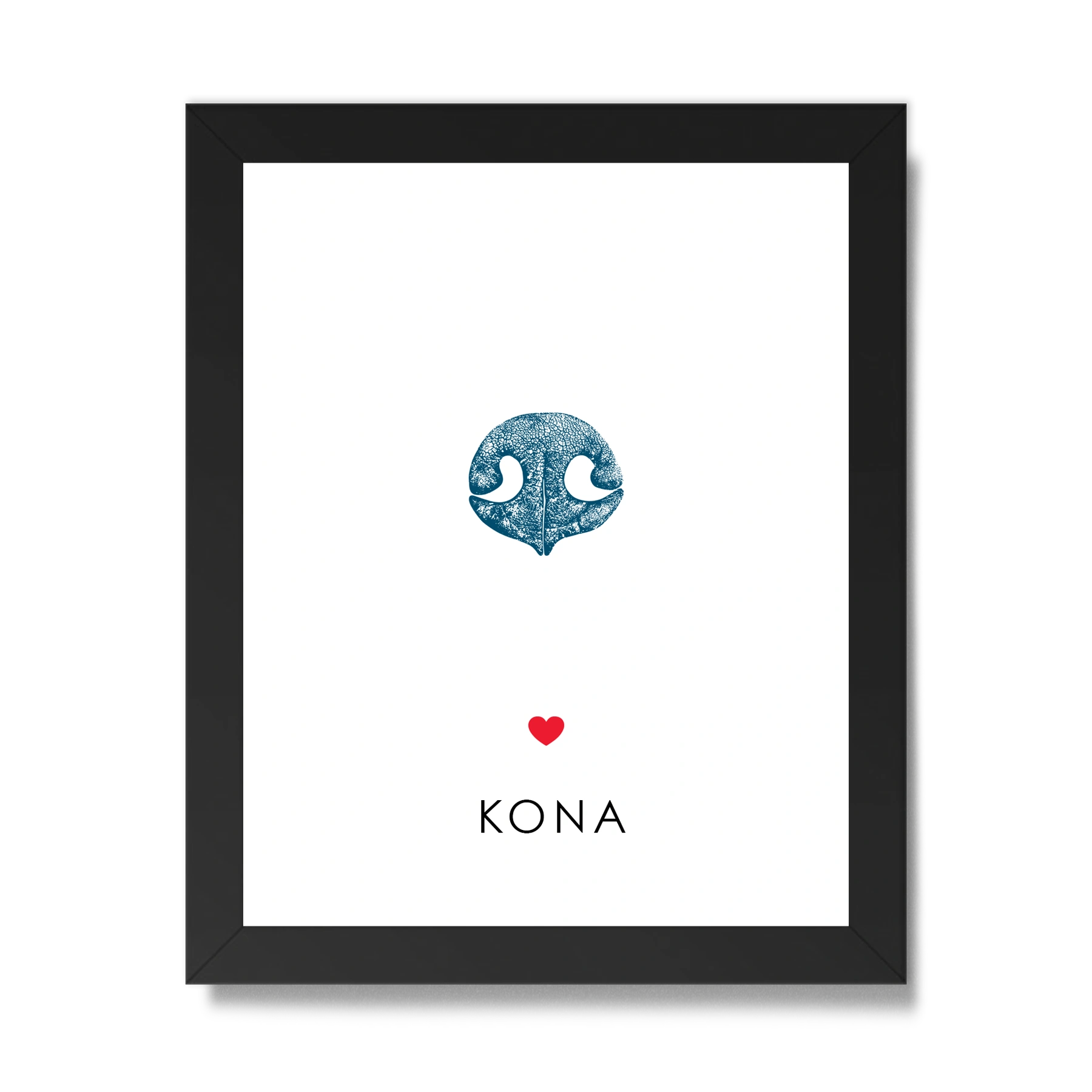 Framed white artwork with a blue dog nose print centered in the middle. Below it is a small red heart and the name 