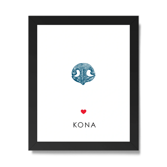 Framed white artwork with a blue dog nose print centered in the middle. Below it is a small red heart and the name "KONA" in bold letters.