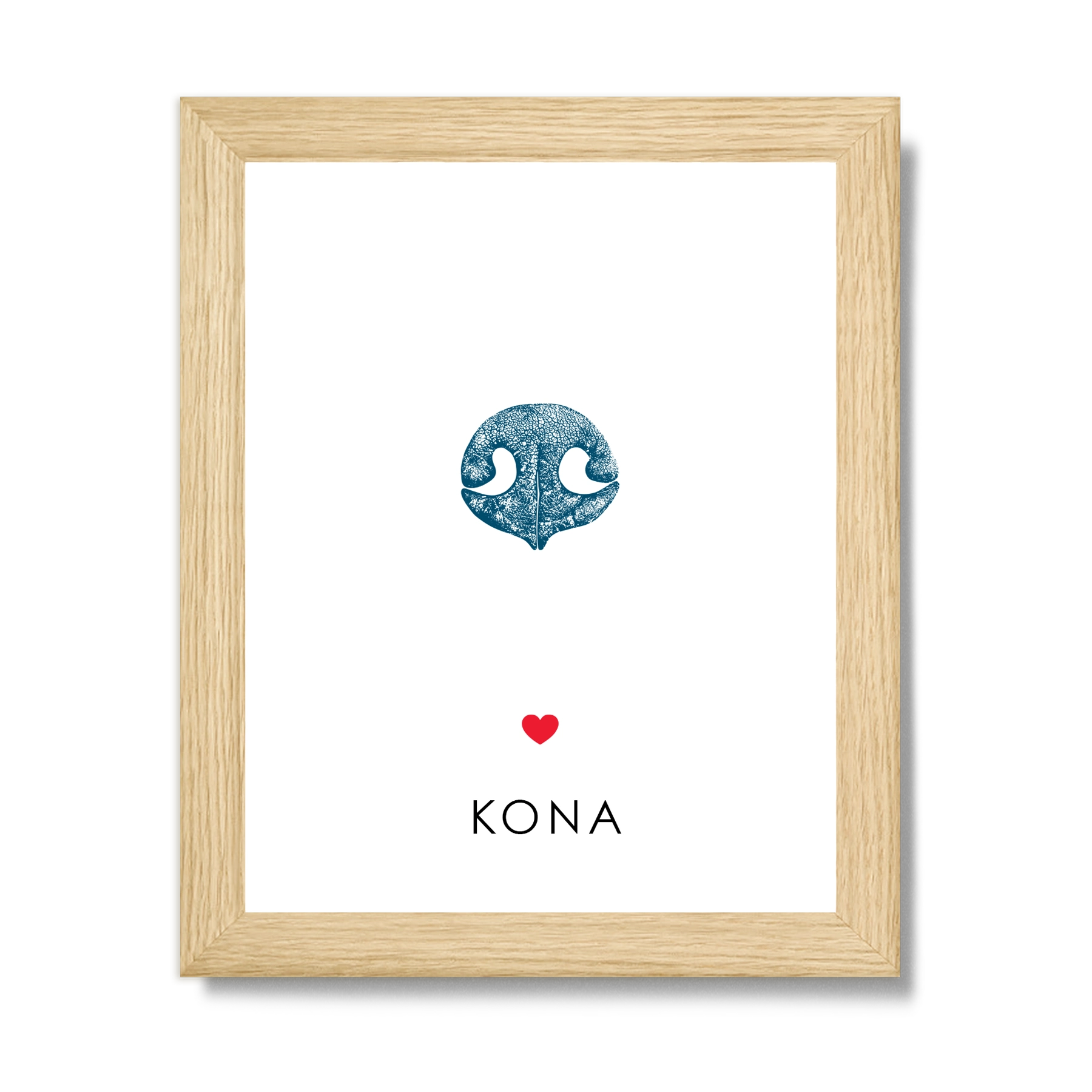 Dog nose print pet memorial gift in natural wood frame.  Blue dog nose print is centered in frame with red heart below.  The name 