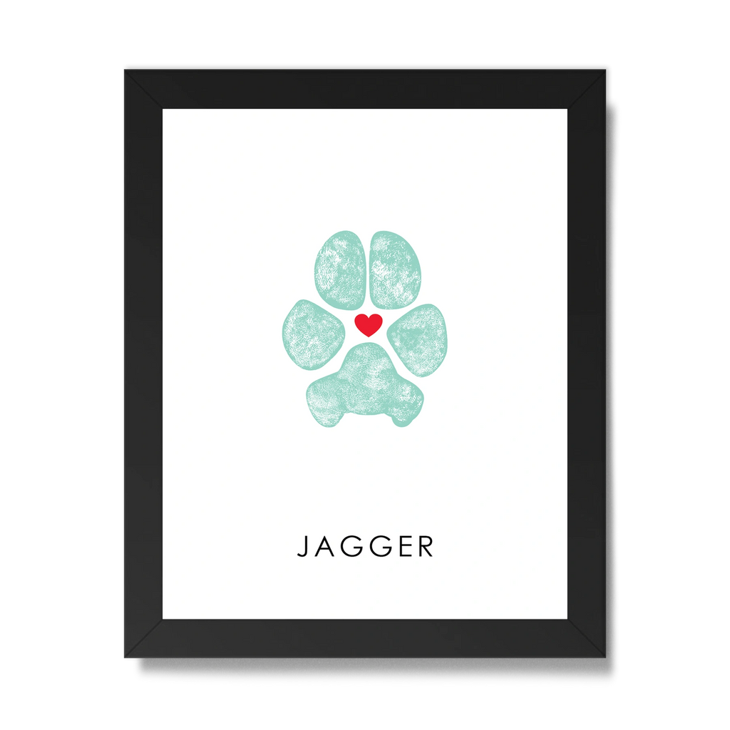 Best Pet Paw Print Impression Keepsake in black frame. Custom dog paw print with red heart in the middle.