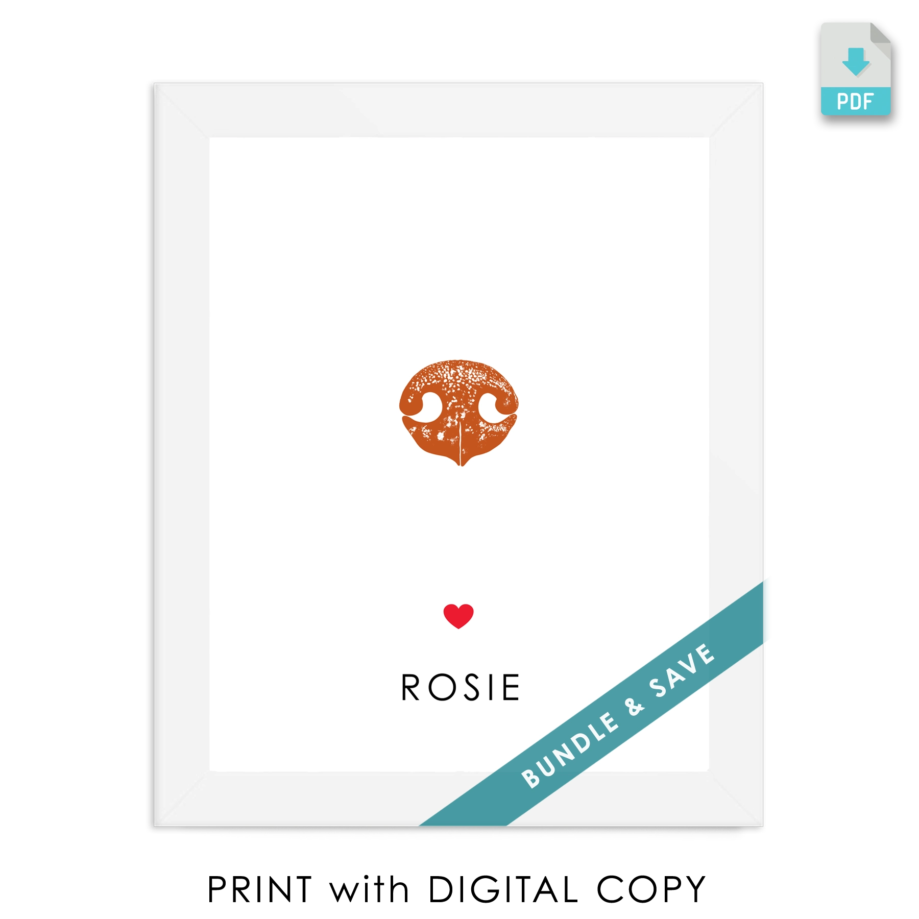 White framed image with a minimalist dog nose print in rust orange with a red heart below, and the name 