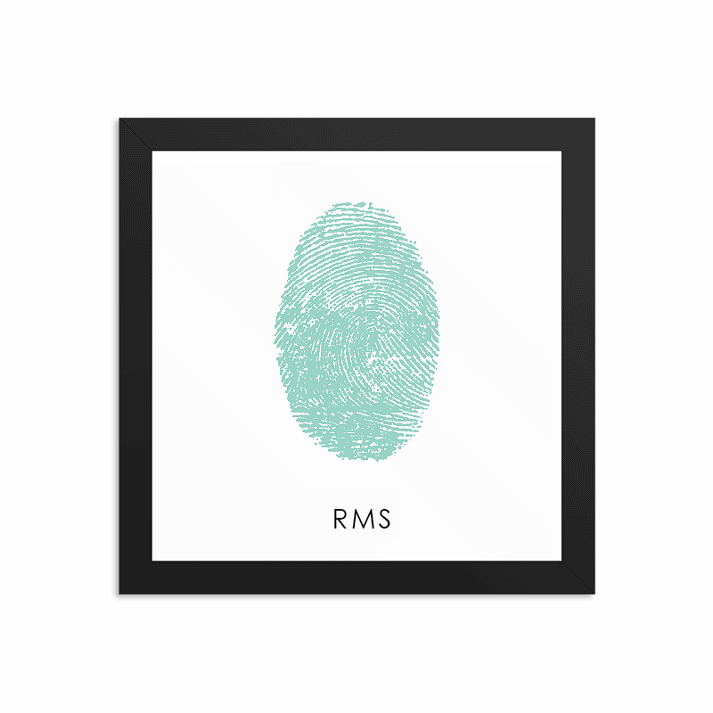 An aqua blue fingerprint in black frame. Printed under fingerprint are the initials 
