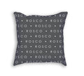 Gray pillow with dog name repeating pattern in white