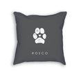 Charcoal grey pillow with personalized dog paw print and dogs name Rosco in white