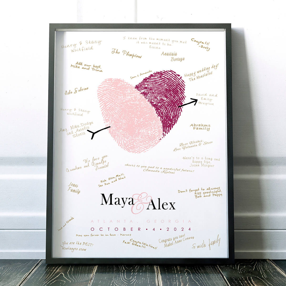 couples fingerprint artwork wedding Guest sign in poster alternative in black frame with gues signatures