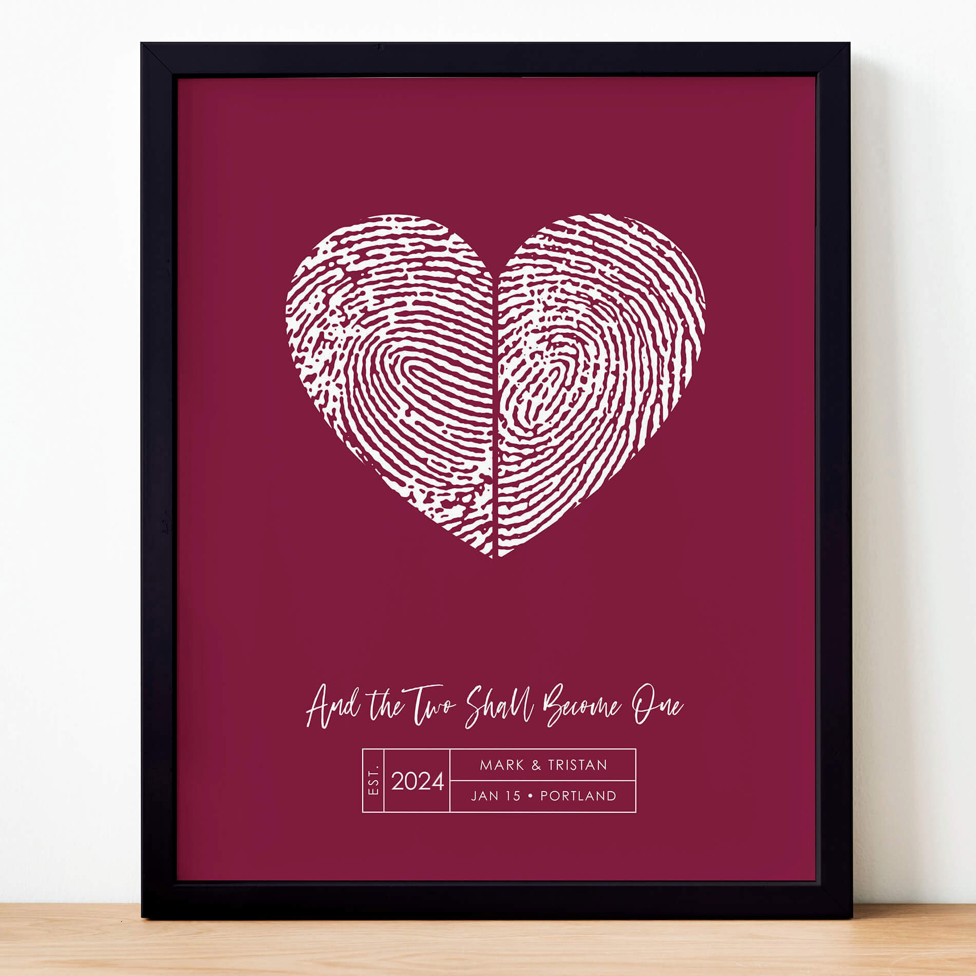 personalized couples portrait fingerprint artwork made with actual fingerprints deep berry magenta