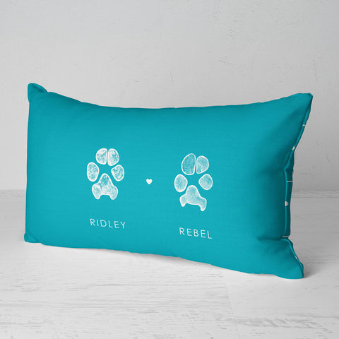 Unique pet paw print pillow, personalized for multiple pets, in a generous 20x12-inch size