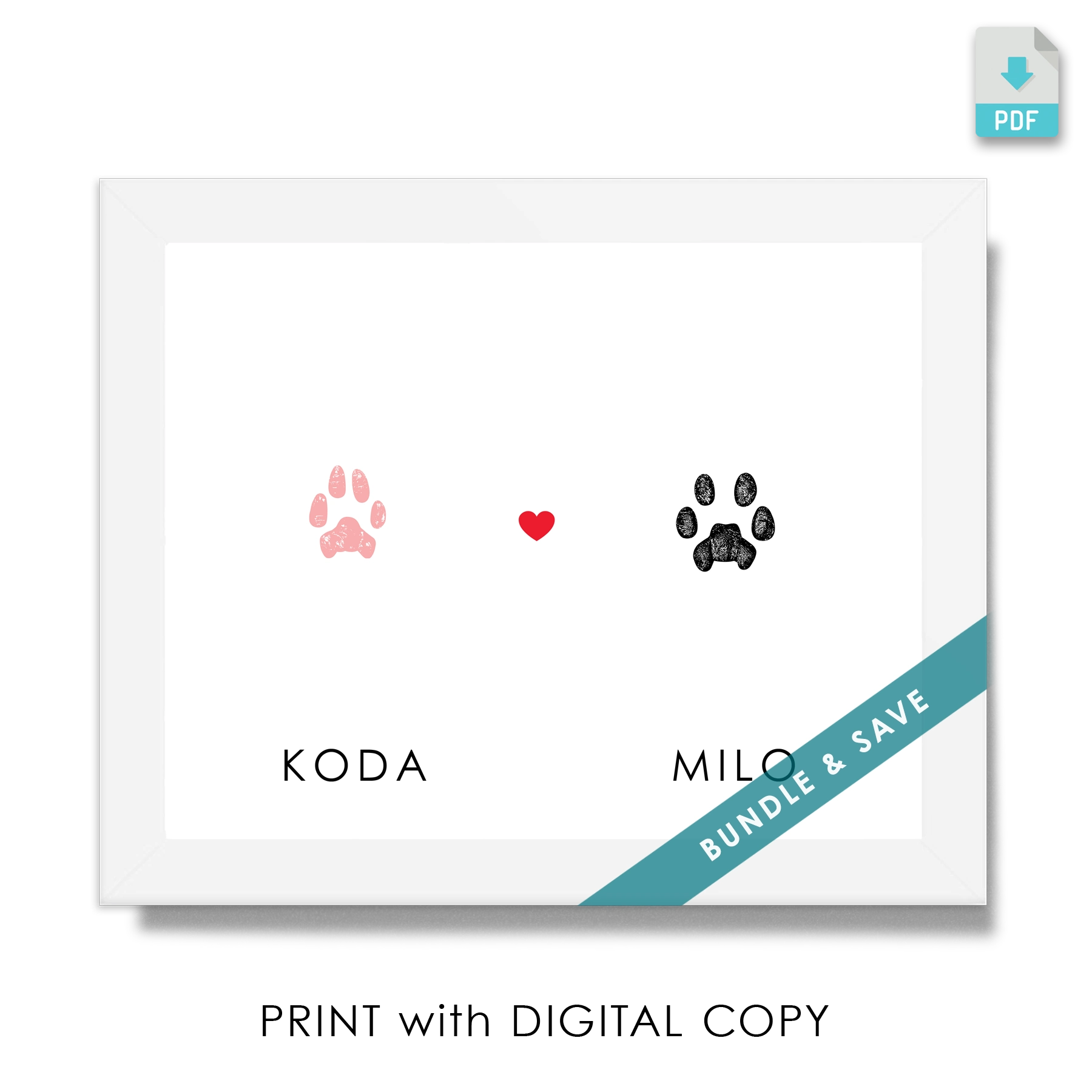 Framed print with two kitty cat paw prints, pink on the left labeled 