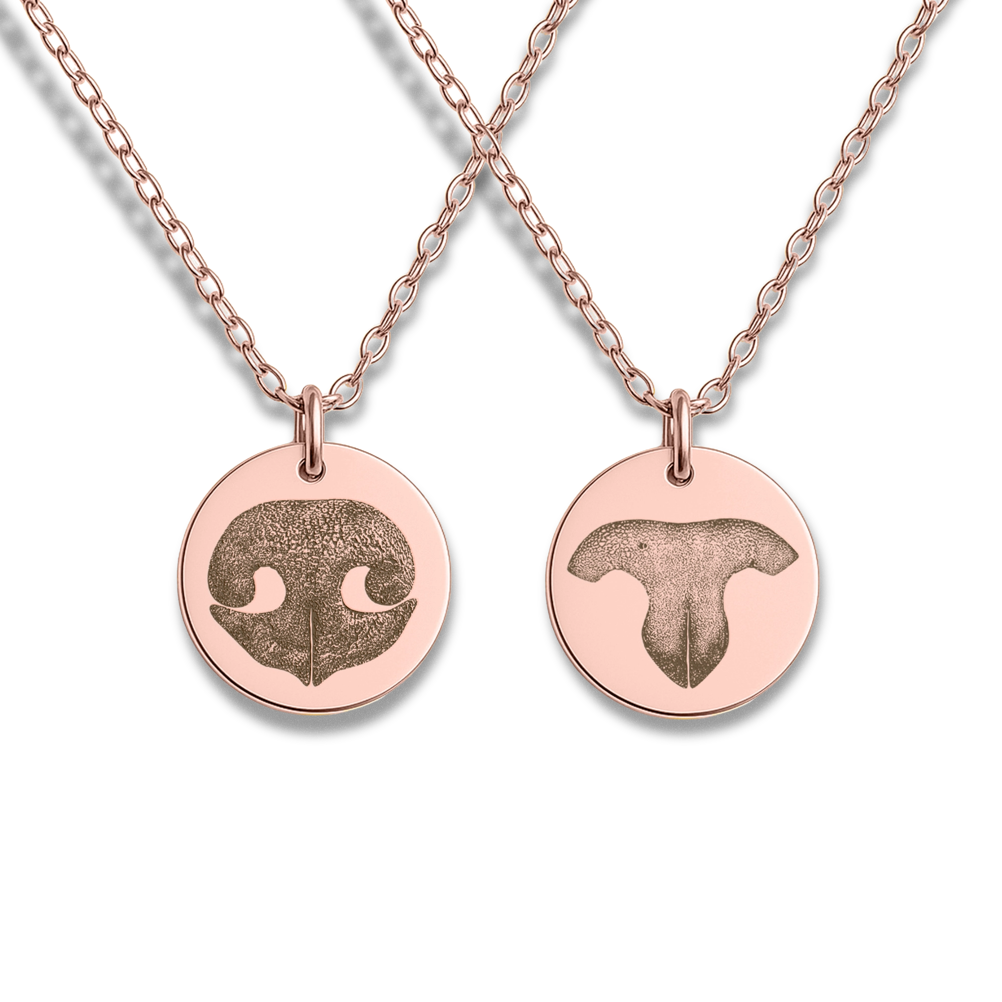 Keepsake rose gold necklace with engraved coin pendant.  Engraved on one side is a dog's nose print and on the other is a cat's nose print.