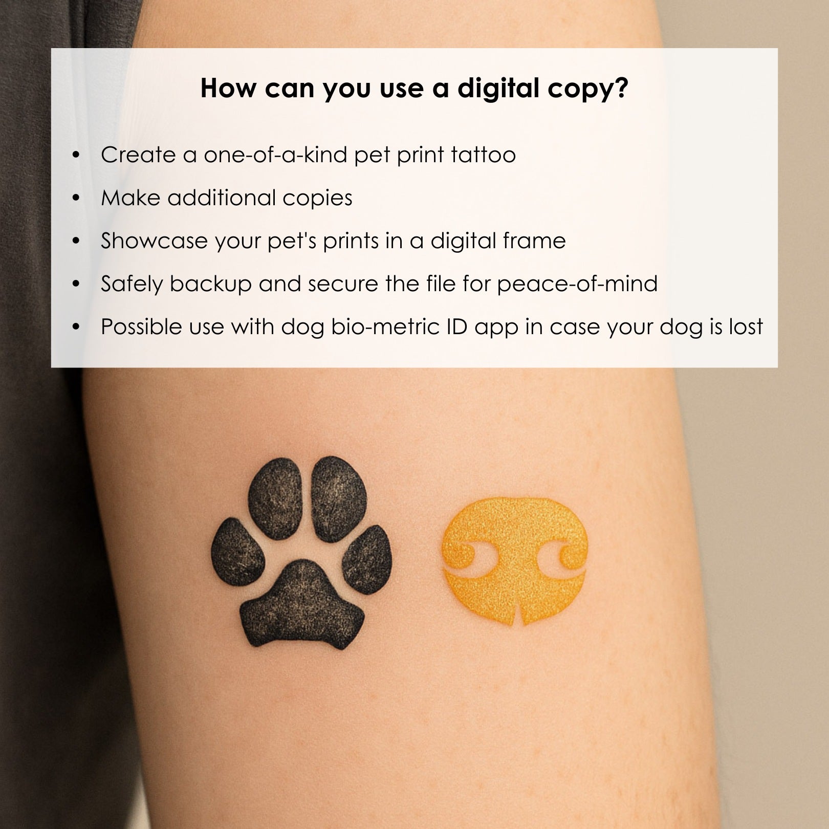 Tattoo of a black dog paw print and an orange dog nose print side by side on an upper arm. The image conveys a sense of personal expression and pet memorial.