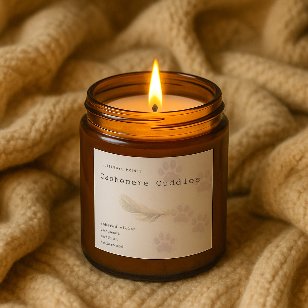 A lit brown amber candle jar labeled "Cashemere Cuddles" sits on a soft, beige blanket. The scene conveys warmth and coziness, with a calming glow. The image of cat paw prints on the label invokes pet memorial gift.