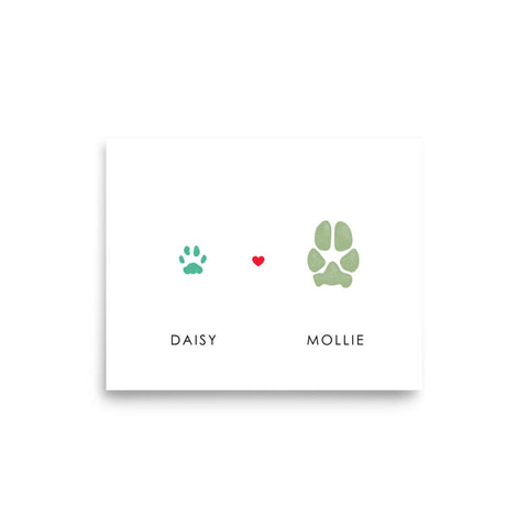 Dog paw print with cat paw print memorial with two pet paw prints with heart in center