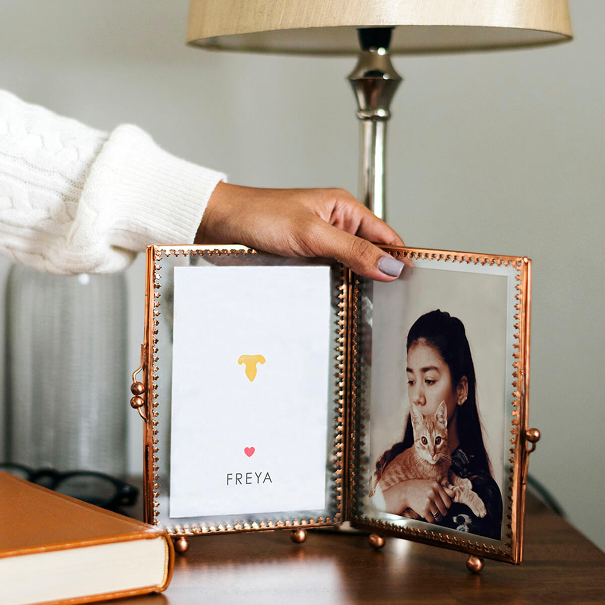 cat nose print memorial keepsake in double frame with photo of teen girl and cat