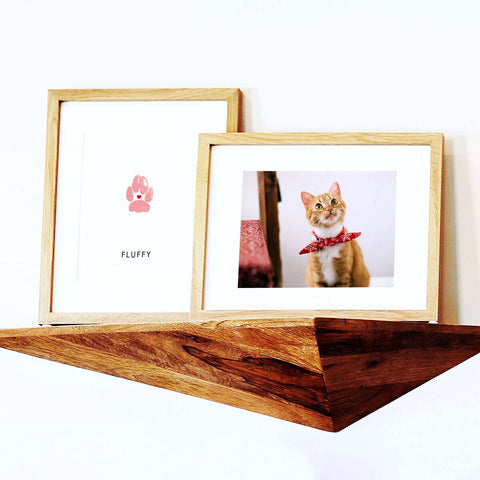 A framed photo of an adorable cat beside a companion frame holding a cherished cat paw print, a heartwarming display of memories.